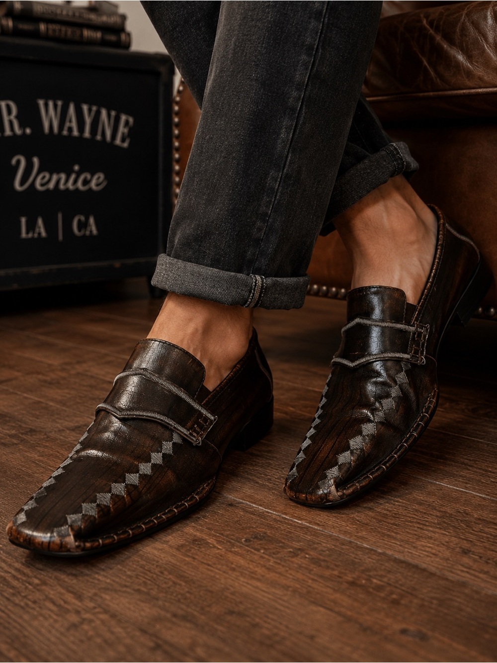 Robert‎ Wayne Venice Brown Leather Slip On Loafers Square Toe Dress Shoes Men's